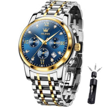 Load image into Gallery viewer, OLEVS Watch Men Silver Stainless Steel Blue and Gold Mens Watches Luminous Waterproof Moon Phase Watches for Men Big Face Chronograph Analog Quartz Wrist Watch for Man Luxury Reloj de Hombre, SilverGoldBlueFace_1
