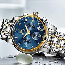 Load image into Gallery viewer, OLEVS Watch Men Silver Stainless Steel Blue and Gold Mens Watches Luminous Waterproof Moon Phase Watches for Men Big Face Chronograph Analog Quartz Wrist Watch for Man Luxury Reloj de Hombre, SilverGoldBlueFace_1435
