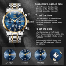 Load image into Gallery viewer, OLEVS Watch Men Silver Stainless Steel Blue and Gold Mens Watches Luminous Waterproof Moon Phase Watches for Men Big Face Chronograph Analog Quartz Wrist Watch for Man Luxury Reloj de Hombre, SilverGoldBlueFace_1436
