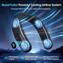 Load image into Gallery viewer, OLV Rechargeable 4 Turbo 6000mAh Portable Neck Fan - 360 Cooling Airflow, 3 Speeds, LED Battery Display, Foldable, Bladeless - Personal Fan for Work, Travel, Outdoor Activities - Black_7346
