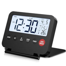 Load image into Gallery viewer, OQIMAX Digital Travel Alarm Clock, Battery Powered LCD Alarm Clock Display Date &amp; Day, Temperature, Foldable Bedside Clock with Backlight &amp; Snooze, 12/24H, Countdown Function, for Bedroom, Travel, Black_1
