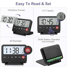 Load image into Gallery viewer, OQIMAX Digital Travel Alarm Clock, Battery Powered LCD Alarm Clock Display Date &amp; Day, Temperature, Foldable Bedside Clock with Backlight &amp; Snooze, 12/24H, Countdown Function, for Bedroom, Travel, Black_5654

