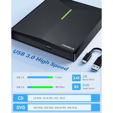 Load image into Gallery viewer, ORIGBELIE External CD DVD Drive, 4 USB &amp; 2 TF/SD Card Ports &amp; Carrying Case, Black_7452
