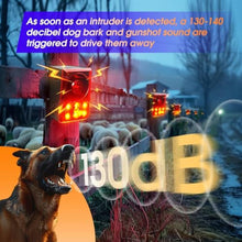 Load image into Gallery viewer, OUDAER Solar Outdoor Motion Sensor Alarm - Dog Barking &amp; Gunshot Sound, Support Recording and Volume Adjustment, 130dB Noise with Flashing Light to Deter Raccoon, Deer, Skunk, Bear, Coyote, GreenRed_1349
