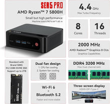 Load image into Gallery viewer, Beelink SER5 PRO Mini PC,AMD Ryzen 7 5800H(up to 4.4GHz,8C/16T),16G DDR4 RAM(3200MHz)/500GB M.2 PCIe3.0 NVMe SSD Mini Computer,Supports 4K Three-Screen Display/WiFi 6/BT5.2
