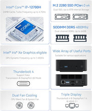 Load image into Gallery viewer, Beeelink SEI Mini PC with Intel Core i7-12700H 32GB DDR5, 500GB NVMe M.2 SSD, Triple Display 4K@60Hz Output, Wi-Fi 6, BT5.2 W-11 Mini Desktop Computer
