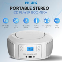Load image into Gallery viewer, Philips CD Player Portable with Bluetooth, Crystal Clear Sound Top Loading CD Boombox with FM Radio, USB Port &amp; Aux Input, Compact &amp; Lightweight Design,R/CD-RW/MP3 Compatible (White)_441

