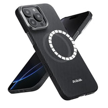 Load image into Gallery viewer, pitaka for iPhone 14 Pro Max Case 6.7", Compatible with MagSafe, Ultra-Slim Case with Caseless Touch Feeling, 1500D Aramid Fiber Woven, Black/Blue(Twill), BlackBlueTwill_1
