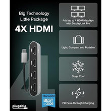Load image into Gallery viewer, Plugable USB C to Quad HDMI 4K Adapter with 100W PD Pass-Though Power Delivery for Windows, Mac M1/M2/M3/M4, Thunderbolt, and USB-C Laptops | TAA, DisplayLink Pro, Driver Required (USBC-7400H4), SpaceGrey_4344
