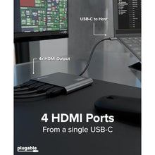 Load image into Gallery viewer, Plugable USB C to Quad HDMI 4K Adapter with 100W PD Pass-Though Power Delivery for Windows, Mac M1/M2/M3/M4, Thunderbolt, and USB-C Laptops | TAA, DisplayLink Pro, Driver Required (USBC-7400H4), SpaceGrey_4345
