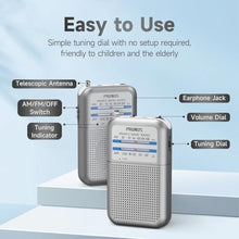Load image into Gallery viewer, Pocket AM FM Radio Portable, Small Tuning Knob with Signal Indicator, AAA Battery Operated, DE333 FM 76-108 MHz/AM 530-1710 kHz, GrayOld_8325
