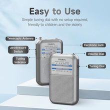 Load image into Gallery viewer, Pocket Battery AM FM Radio Portable, Mini Transistor Radio with Excellent Reception, Tuning Knob with Signal Indicator, AAA Battery Operated for ICE Storms&amp;Walking, DE333 by PRUNUS_696
