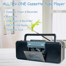 Load image into Gallery viewer, Portable Cassette Tape Player Recorder,AM/FM/SW Radio with Bluetooth,USB/SD, Big 10W Speaker,Record to Cassette/U Disk/SD Card via Mic, MP3 Converter, Earphone Jack,AC/DC Powered, Black_3779
