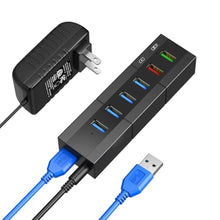 Load image into Gallery viewer, Powered USB 3.0 Hub, RAOYI 6 Ports High Speed USB 3.0 Hub Splitter with 24W Power Adapter, 3.3ft Cable and Smart Fast Charger USB Hub for Laptop, PC, Mac, Mobile HDD, Mulitple Devices (Black)_1
