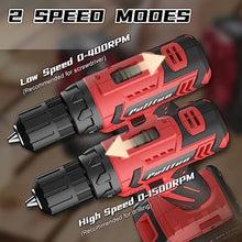 Load image into Gallery viewer, PULITUO Cordless Drill Set, 20V Electric Power Drill with Battery And Charger, 30N.m and 21+1 Torque, 2 Variable Speeds, with 59pcs Drill Driver Bits Kit, Screws Set(Red), vDrillRedSetB_924
