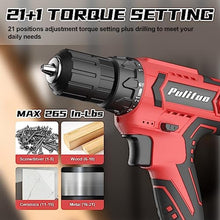 Load image into Gallery viewer, PULITUO Cordless Drill Set, 20V Electric Power Drill with Battery And Charger, 30N.m and 21+1 Torque, 2 Variable Speeds, with 59pcs Drill Driver Bits Kit, Screws Set(Red), vDrillRedSetB_925
