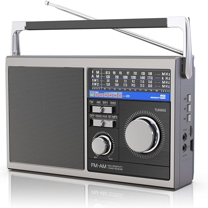 Portable AM FM Radio, Shortwave Transistor Radio with Best Reception, Battery Operated or AC Power Retro Radio with Big Bluetooth Speaker, Earphone Jack USB TF Card AUX Input, for Senior(Gray)