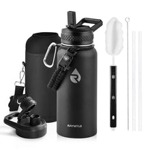 Load image into Gallery viewer, RAYMYLO Insulated Water Bottle 32 oz, Triple Wall Vacuum Stainless Steel (Cold for 24Hrs, Hot for 12Hrs), Leak Proof &amp; Non-BPA, Modern Water Flask Jug with Paracord Handle &amp; Straw Spout Lids, MagicBlack_1
