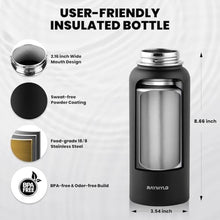 Load image into Gallery viewer, RAYMYLO Insulated Water Bottle 32 oz, Triple Wall Vacuum Stainless Steel (Cold for 24Hrs, Hot for 12Hrs), Leak Proof &amp; Non-BPA, Modern Water Flask Jug with Paracord Handle &amp; Straw Spout Lids, MagicBlack_6705
