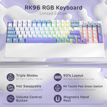 Load image into Gallery viewer, RK ROYAL KLUDGE RK96 RGB Limited Ed, 90% 96 Keys Wireless 3-Mode BT5.0/2.4G/USB-C Hot Swappable Mechanical Keyboard w/Wrist Rest, Volume Control, Software, Massive Battery, RK Pale Green Switch, TaroMilkWhite_7608
