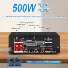 Load image into Gallery viewer, Romica AK55 Stereo Audio Amplifier, 2 Channel 500W Bluetooth 5.0 Home Audio Stereo Receivers with FM, Echo, AUX, USB, SD, MIC, Optical &amp; Coaxial Inputs, AMP for Passive Speakers and Active subwoofer_8
