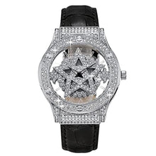 Load image into Gallery viewer, RORIOS Women's Fashion Dress Watch Full Diamonds Analog Quartz Wristwatch with Leather Strap Pentagram Dial Watch for Ladies, Black, 190MM_1

