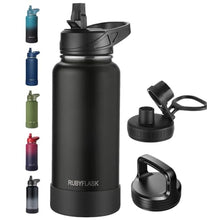 Load image into Gallery viewer, RUBYFLASK 32oz Insulated Water Bottle with Straw, Stainless Steel Metal Vacuum Water Flask, Large Thermal Water bottle with Leakproof 3 Lids for Travel, Camping, Gym Sports Black_1
