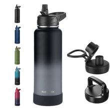 Load image into Gallery viewer, RUBYFLASK 40oz Insulated Water Bottle with Straw, Stainless Steel Metal Vacuum Water Flask, Large Thermal Water bottle with Leakproof 3 Lids for Travel, Camping, Gym Sports Black Gray, NBlackGray_1

