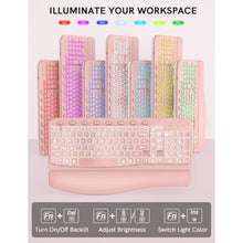 Load image into Gallery viewer, SABLUTE Wireless Keyboard and Mouse Combo Ergonomic - MA12Pro Wave Keyboard with Leather Wrist Rest for Comfortable Typing, RGB Backlit Rechargeable for Windows, Mac, PC, Laptop (Pink), BlackPink_5340
