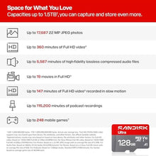Load image into Gallery viewer, SANDISK 128GB Ultra microSD UHS-I Card - Up to 195MB/s Read Speed, Full HD Video, V10, U1, C10, A5 - SDSQUJQ-128G-GZ6MA, Multicolor_628
