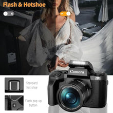 Load image into Gallery viewer, Saneen Digital Camera, 4k Cameras for Photography, 64MP WiFi Touch Screen Vlogging Camera with Flash, 32GB Card, Lens Hood,3000mAH Battery, Front and Rear Cameras,Hot Shoe Interface Beginner, MPKBlack_58
