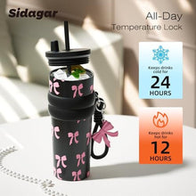 Load image into Gallery viewer, SDGA+ 24 oz Stainless Steel Tumbler with Lid and Straw, Insulated Water Bottle Leak Proof for Hot and Cold, Portable Travel Coffee Mug, Reusable Coffee Cup for Women, Bow, SilverBlackBow_5611
