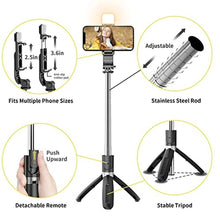 Load image into Gallery viewer, Selfie Stick with Fill Light, 104cm Extendable Selfie Stick Tripod with Wireless Remote, 3 Light Modes, 6 Brightness Levels, Compatible with iPhone 14/13/12/11, Samsung Galaxy, Google, Huawei, etc, BlackLight_626
