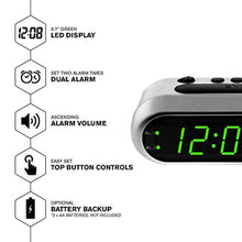 Load image into Gallery viewer, Sharp Digital Dual Alarm Clock, Ascending Alarm, Green LED, Brushed Silver, BrushedSilver_1403
