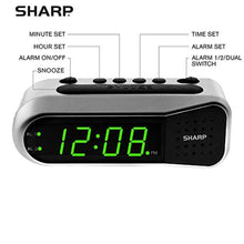Load image into Gallery viewer, Sharp Digital Dual Alarm Clock, Ascending Alarm, Green LED, Brushed Silver, BrushedSilver_1404

