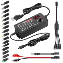 Load image into Gallery viewer, SHNITPWR Universal Power Supply Adjustable 3.5V~24V 3A 72W Variable 3.5V 5V 9V 12V 18V 20V 24V AC/DC Adapter, 100V-240V AC to DC Converter with 16 Tips,4-Way Power Splitter Cable,Polarity Converter, Black_1
