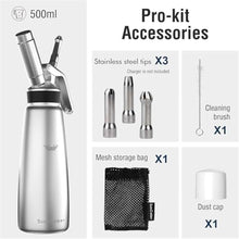 Load image into Gallery viewer, SimCoker Whipped Cream Dispenser,Aluminum 500ml Whipped Cream Maker,3 Decorating Nozzles,1 Brush,1 Storage Bag,withou N2O Chargers,Sliver, Silver_6029
