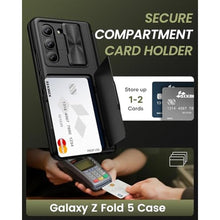 Load image into Gallery viewer, SIXBOX for Samsung Galaxy Z Fold 5 Case with Card Holder &amp; S Pen Holder &amp; Slide Lens Cover, Built-in Hinge Protection &amp; Screen Protector, Durable Sturdy Phone Cover Case for Galaxy Z Fold 5, Black, BlackS_8359
