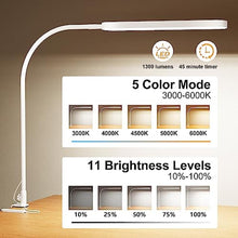 Load image into Gallery viewer, SKYLEO Led Desk Lamp - 33.5" Desk Light - Flexible Gooseneck - 5 Color Modes X 11 Brightness Levels - 1300LM - Timmer &amp; Memory Function - 12W Clip on Light - White_6106
