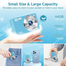 Load image into Gallery viewer, SMARTKLIK Digital Camera for Teens, FHD 4K 44MP with 64GB SD Card, 16X Digital Zoom, Compact Point Shoot Camera Blue_2849
