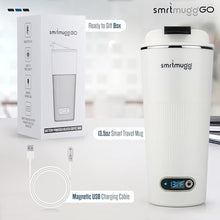 Load image into Gallery viewer, SmrtMugg GO Heated Coffee Mug, Travel Mug, 13.5 OZ. Smart Mug, Battery Powered Heated Coffee Mug, Great for Coffee and Tea, Snap on Magnetic Charging Cord, New and Improved (White)_6142
