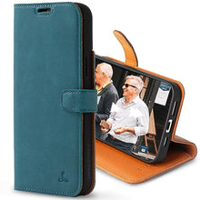 Load image into Gallery viewer, Snakehive Leather Wallet for iPhone 15 Plus - Real Leather Wallet Phone Case - Genuine Leather with Viewing Stand and 3 Card Holder - Flip Folio Cover with Card Slot (Teal)_1
