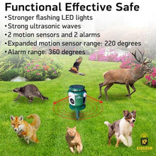 Load image into Gallery viewer, Solar Animal Repeller with Expanded Detection Range - Animal Repellent Outdoor Motion Activated by 2 Powerful Sensors, Wider Range of 220 Degrees, Stronger LED Lights, 2 Alarms and Free USB Cable, Green_66
