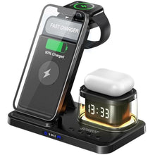 Load image into Gallery viewer, SOSHOT 5 in 1 Wireless Charger with Clock Night Light Alarm Clock for Apple Devices for iPhone 15 14 13 12 11 Pro Max Apple Watch for Apple Watch - Black_1

