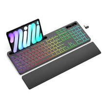 Load image into Gallery viewer, Soueto Wireless Keyboard with 7 Colors &amp; 4 Modes RGB Backlit, Ergonomic Keyboard with Wrist Rest, Phone Tablet Holder, 2.4G Light Up Computer Keyboard with Numeric Keypad for Mac, Windows, Black_1
