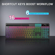 Load image into Gallery viewer, Soueto Wireless Keyboard with 7 Colors &amp; 4 Modes RGB Backlit, Ergonomic Keyboard with Wrist Rest, Phone Tablet Holder, 2.4G Light Up Computer Keyboard with Numeric Keypad for Mac, Windows, Black_5745
