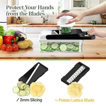 Load image into Gallery viewer, StoreHappily 12-in-1 Vegetable Chopper, 7 Blades Veggie Chopper with Container and Lid, Dicer, Slicer, Multifunctional Kitchen Gadgets, Vegetable Cutter with Handle, Onion Cutter(Black/White)_7294

