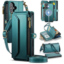 Load image into Gallery viewer, Strapurs for iPhone 17 Detachable Wallet Case Compatible with Magsafe for Women, RFID Blocking 9-Card Holder Zipper Wrist Strap Lanyard PU Leather Magnetic Phone Case for iPhone 17 6.3", Blue Green, DetachablewithMagsafeBlueGreen_1
