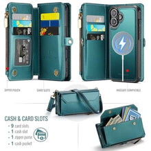 Load image into Gallery viewer, Strapurs for iPhone 17 Detachable Wallet Case Compatible with Magsafe for Women, RFID Blocking 9-Card Holder Zipper Wrist Strap Lanyard PU Leather Magnetic Phone Case for iPhone 17 6.3", Blue Green, DetachablewithMagsafeBlueGreen_3472
