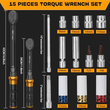 Load image into Gallery viewer, TAGVIT 1/2 3/8 -inch Drive Click Torque Wrench, 5-45Ft.lb, 15-165Ft.lb 15Pcs Torque Wrench Set with 10"/5" Extension Bar, 8/10/14/17/17/19/21mm Sockets, 14/16mm Swivel Spark Plug Socket, T25/T40 Torx, Black_5299
